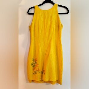 Vintage Yellow Linen Floral Embroidered Dress